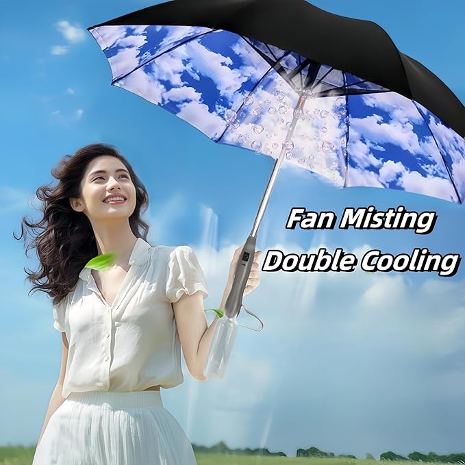 Umbrella with Fan & Mist Spray - Rechargeable UV Protective Cooling Umbrella for Patio, Beach, Travel — Portable Misting System & Detachable Water Bottle Included