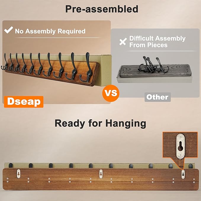 Dseap Coat Rack Wall - Heavy-Duty 38-1/4" Long, with Reinforced 10 Custom Tri-Hooks, Solid Wood Wall Hanger for Coats Hat Jackets - Rustic Farmhouse Entryway Hallway Storage, Natural & Black