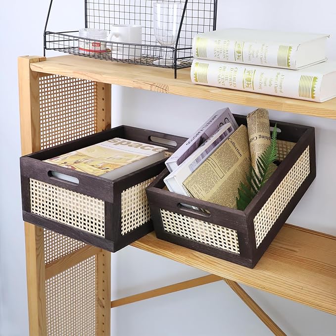 Rattan Storage Baskets, Wicker Storage Baskets for Shelves, Wooden Crate. (Brown-Set2)