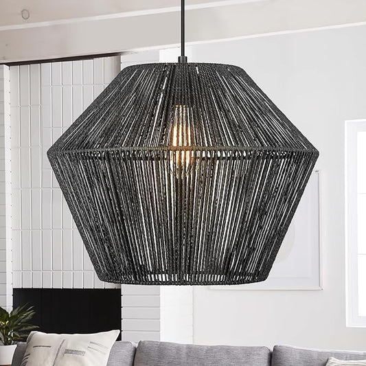 ELYONA 16.5” Large Modern Woven Chandelier Farmhouse Coastal Pendant Light Fixtures Matte Black Handwoven Rattan Basket Shade Boho Pendant Hanging Lamp for Kitchen Dining Room Bedroom Foyer Hallway