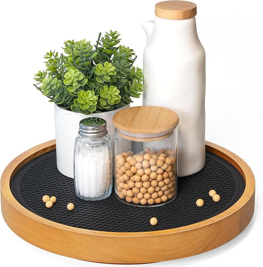 EOSAHR Non-Skid Wood Lazy Susan Organizer Turntable with Rubber Mat – 10.5" Lazy Susan Turntable for Cabinet, Table Top, Pantry & Kitchen Sink - Effortless Bathroom Vanity Tray (Light Brown)