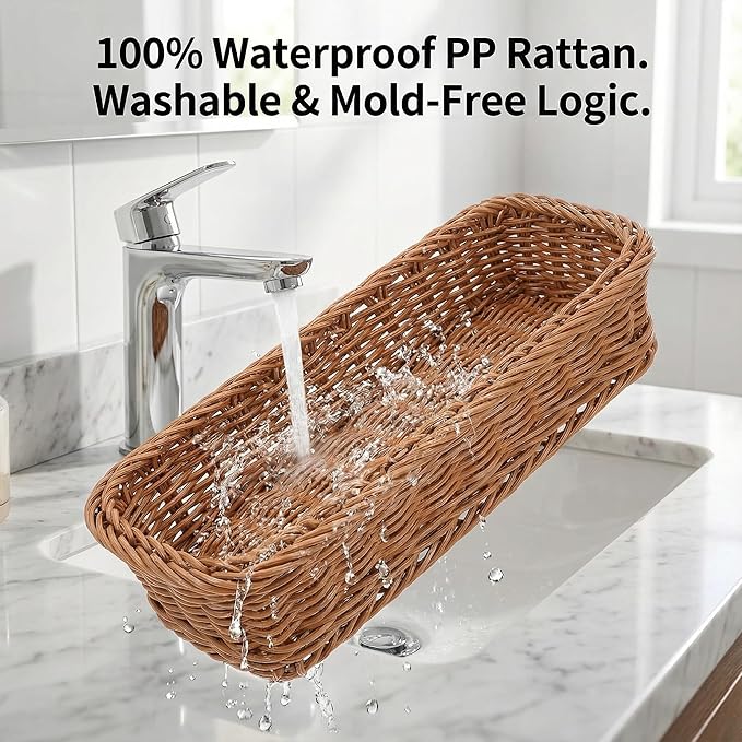 3 Pack Small Bathroom Vanity Trays, Waterproof Plastic Rattan Toilet Tank Organizers, 9.8" Slim Rectangular Topper Baskets for Guest Towel, Perfume & Candle, Washable Wicker Aesthetic (Honey Brown)
