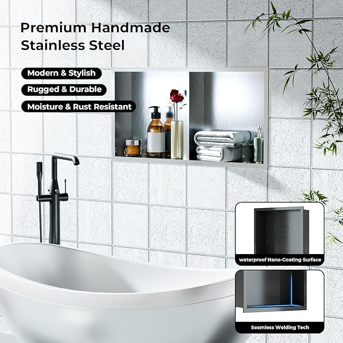 Stainless Steel Shower Niche, Recessed Bathroom Shelf with Rustproof Finish, Built-in Wall Shower Shelf Organizer for Shampoo & Toiletries, Easy DIY Installation (Multiple Size Options)