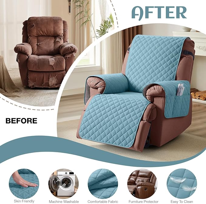 KinCam 100% Waterproof Recliner Chair Cover, Reclining Couch Covers for Pets, Dogs, Recliner Couch Slipcover Furniture Protector with Elastic Straps for Kids(23.6", Light Blue)
