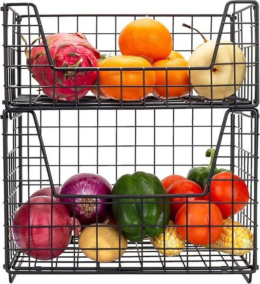 TIEYIPIN 2 Tier Metal Wire Storage Basket, Stackable Fruit Vegetable Food Baskets Cabinet Organizer Pantry Bin for Home Bathroom Kitchen Office Organization - Black