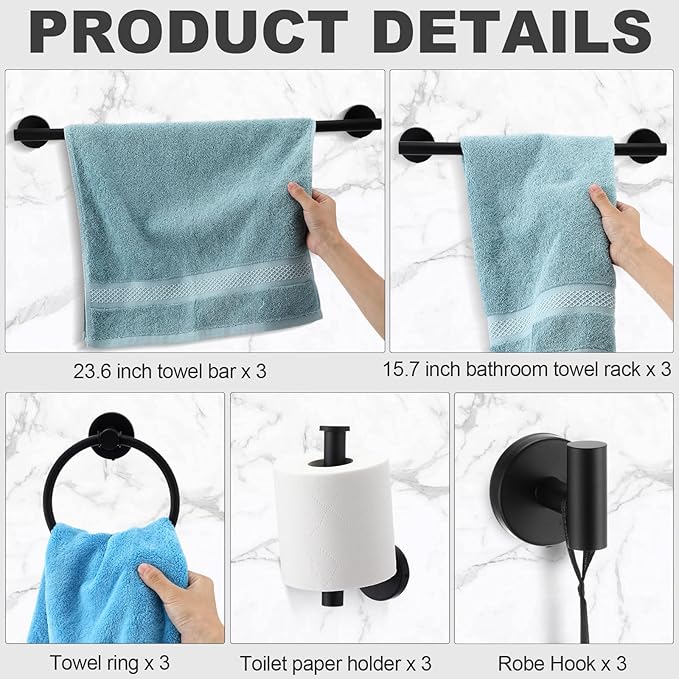 Gisafai 15 Piece Bathroom Hardware Set, 23.6 Inch Brushed Towel Bar Ring Toilet Paper Holder Robe Towel Hook, Sus304 Stainless Steel Bathroom Accessory Set Wall Mounted(Black)
