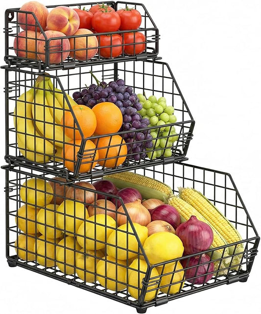 3-Tier Fruit Basket for Kitchen Counter, Stackable Wire Baskets Wall, Potato and Onion Storage Bins, Pantry Organizers and Storage for Potato, Onion, Produce, Fruit, Vegetable, Snack