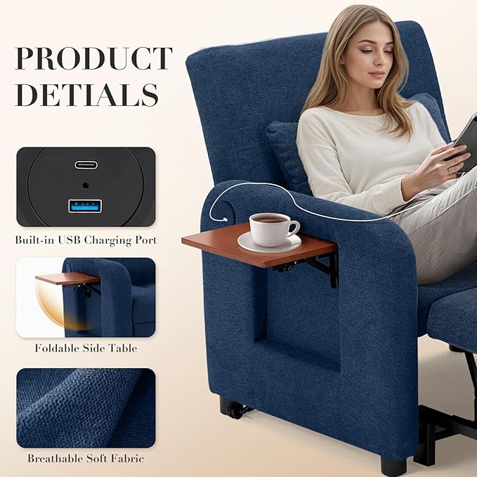 Convertible Sleeper Chair-Fabric Futon Sofa Bed, Single Sleeper Sofa, Small Couch Bed with USB Port, Foldable Table, Pillow, Adjustable Backrest for Dorm/Bedroom/College DarkBlue