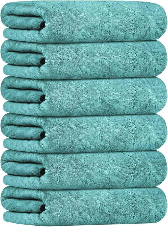 Microfiber Bath Towels, Bath Towel 6 Pack(30" x 60"), Oversized, Soft, Super Absortbent and Fast Drying, Multipurpose Use for Sports, Fitness, Yoga, Green-Floral Embossed
