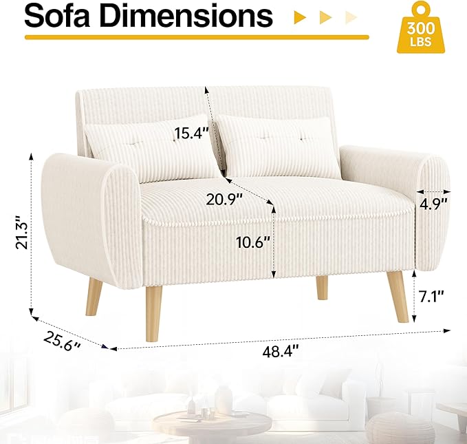 JAMFLY 47'' Small Loveseat Sofa, 2 Seat Compact Couch with Tapered Legs, White Upholstered Furniture, Solid Wood Frame, Comfy Foam Cushion, Easy Assembly for Small Spaces
