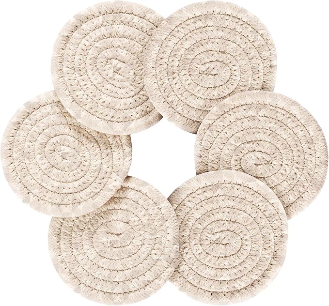 Minimalist Home Decor for Coffee Table, Kitchen, Drink Coasters, Geometric White Grey Silver Handmade Cotton Absorbent Coaster Set of 6, Housewarming and Wedding Registry Ideas