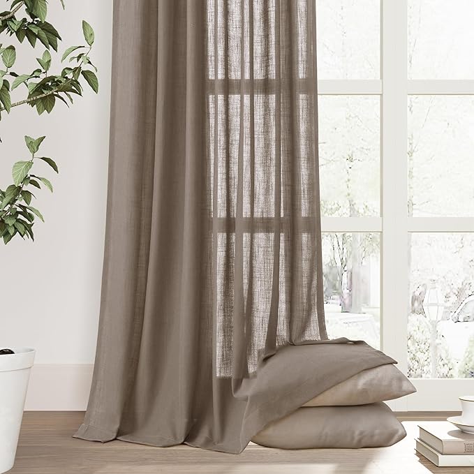 Joywell Dark Camel Back Tab Rod Pocket Linen Curtains 96 Inches Long 2 Panels for Living Room Bedroom Neutral Boho Farmhouse Rustic Light Filtering Semi Sheer Curtains Window Treatment 52x96