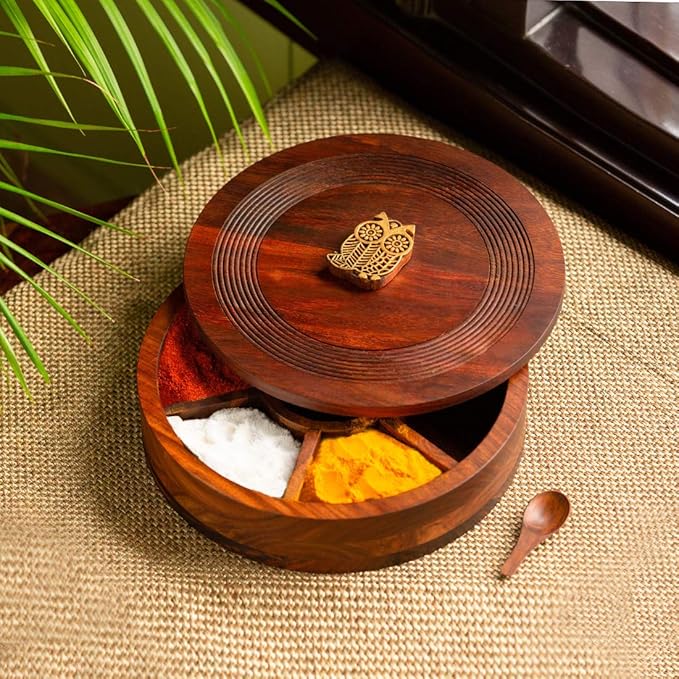 ExclusiveLane 'Mystic Owl Block' Sheesham Wood Indian Spice Box with Spoon (7 Partitions, Each Partition : 2.8 oz) | Masala Dabba Box Spice Storage Container Rack Wooden Spice Box for Gift