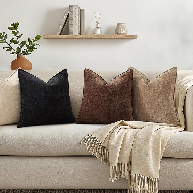 decorUhome Spring Couch Euro Sham Throw Pillow Covers 24x24 Set of 2, Decorative Soft Velvet Modern Cozy Chenille Pillow Cases with Elegant Design for Sofa Bed Living Room Home Decor, Brown