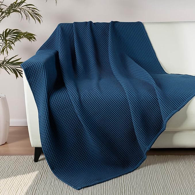 Exclusivo Mezcla 100% Cotton Waffle Weave Throw Blanket, Soft, Lightweight and Breathable Muslin Gauze Blanket for Couch, Sofa, All Season, 50"x70", Navy Blue