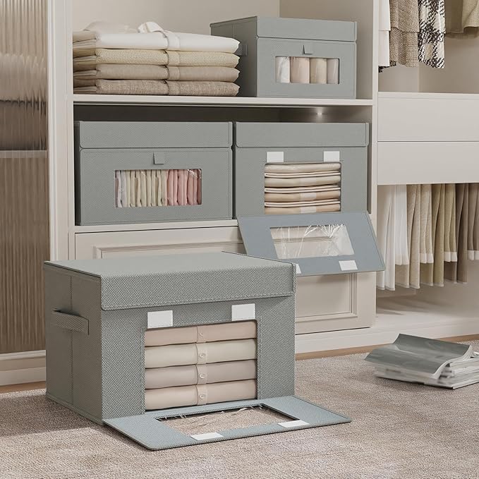 Storage Bins with Lids, Cube Organizer Basket with Window, Closet Boxes with Carrying 2 Handles and Sturdy PP Support Plate, 2 Pack, Grey, 15 x 9.8 x 9.8 In, XSNY17GL-2