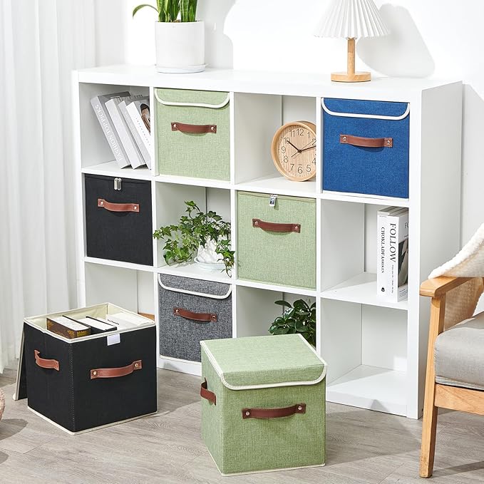 4PCS Storage Cubes with Lid Fabric Storage Bin Box PU Leather Handles Cotton Linen Closet Organizer Container Decorative Foldable Washable Shelf Cloth Basket (Zipper Lid, Deep Blue, 11in)