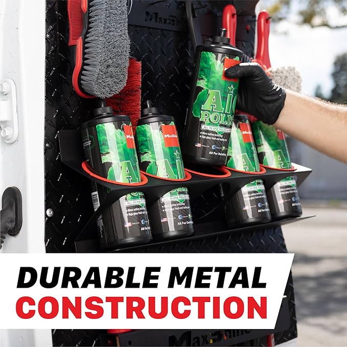 Universal Detailing Spray Bottle Holder (No Logo) – Mobile Detailing & Car Garage Organizer, Holds 5 Bottles (16/32oz) with 4 Small Holes – Lightweight Design, Easy Wall Mounting