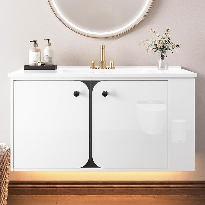 IRONCK 36 Inch Bathroom Vanity with Sink, Wall Mounted Floating Vanity with LED Light & Open Side Shelf, High Gloss Modern Bathroom Cabinet for Small Space, White