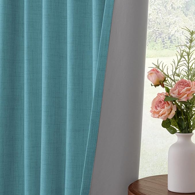 INOVADAY 100% Blackout Curtains for Bedroom, Black Out Curtains 96 Inch Long, Clip Rings Linen Blackout Drapes, Thermal Insulated Room Darkening for Living Room, 2 Panels - Teal,W50xL96