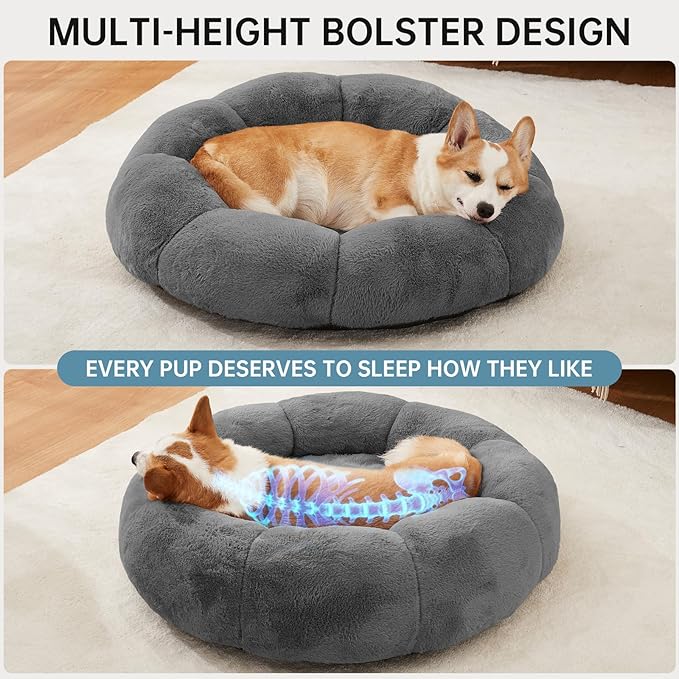 OhGeni 31 inches Calming Donut Orthopedic Dog & Cat Bed for Medium Pets, Warming Comfort Fluffy Short Pile Fur, Durable Waterproof Machine Washable Removable Cover, Round Bed for Puppy, Dark Gray