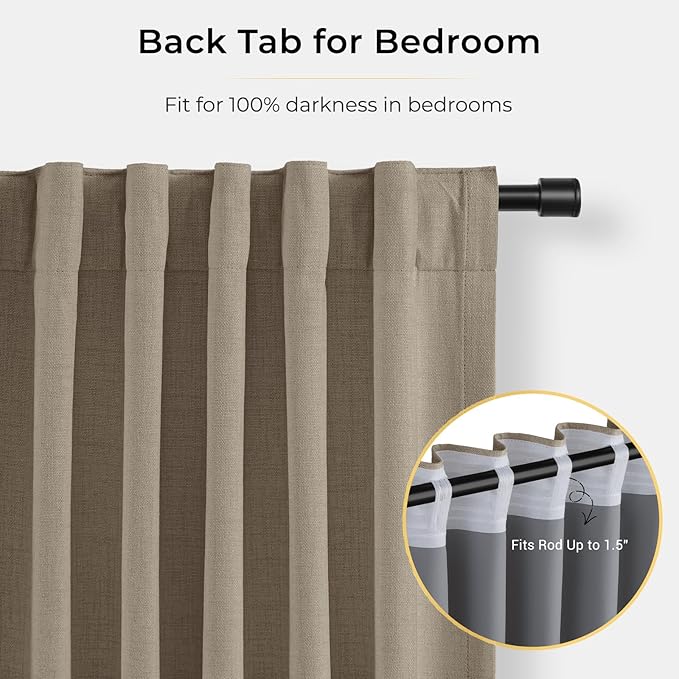INOVADAY 100% Blackout Curtains for Bedroom, Black Out Curtains 84 Inch Long, Clip Rings Linen Blackout Drapes, Thermal Insulated Room Darkening for Living Room, 2 Panels - Earthy Beige,W50xL84