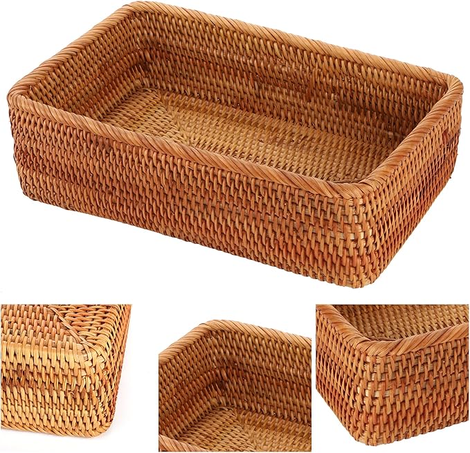 ZENFUN 3 Pack Natural Rattan Storage Baskets, Rectangular Woven Fruit Baskets for Decor, Handmade Woven Nesting Bread Baskets for Organizing, Serving, for Kitchen, Home, 3 Sizes