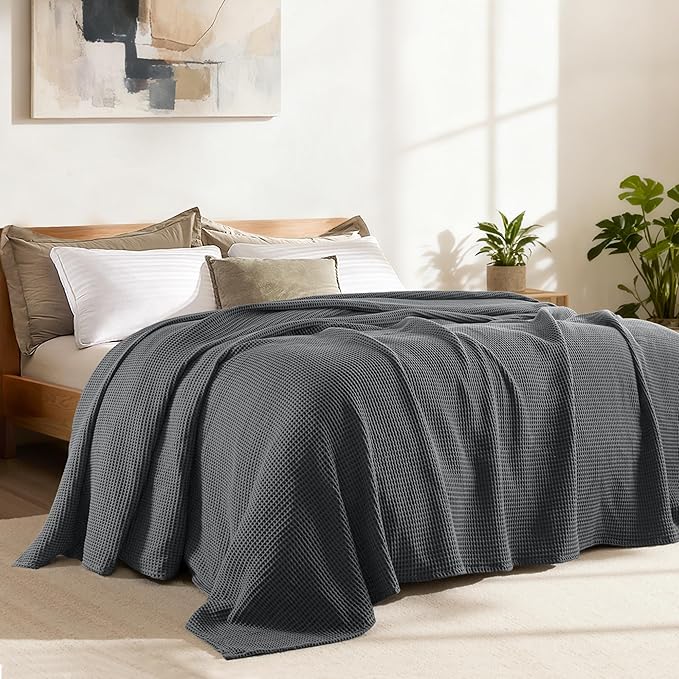 Exclusivo Mezcla 100% Cotton Waffle Weave Blanket King Size, Soft, Lightweight and Breathable Muslin Gauze Blanket for Bed, All Season, 90"x104", Dark Grey