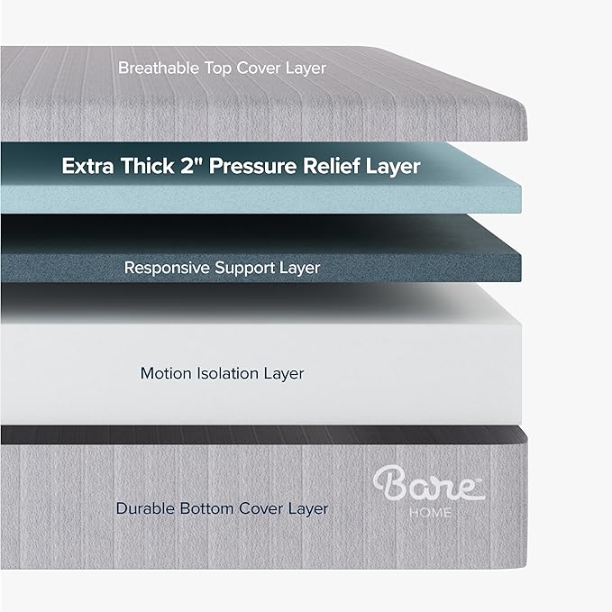 Bare Home Split King Mattress - Medium Firm - Extra Thick Visco Elastic Memory Foam - CertiPUR-US Certified - Support & Pressure Relief - Minimal Motion Transfer - 100 Night Trial