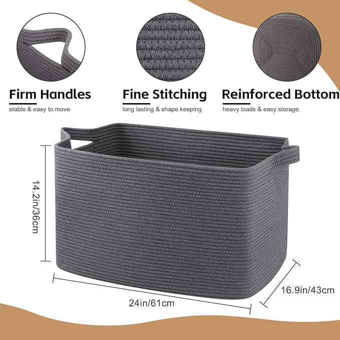 95L Large Blanket Basket, Blanket Storage Living Room, Rectangle Woven Baskets for Storage Toys, Towels, Dirty Clothes Organizer Bins (Dark Grey)