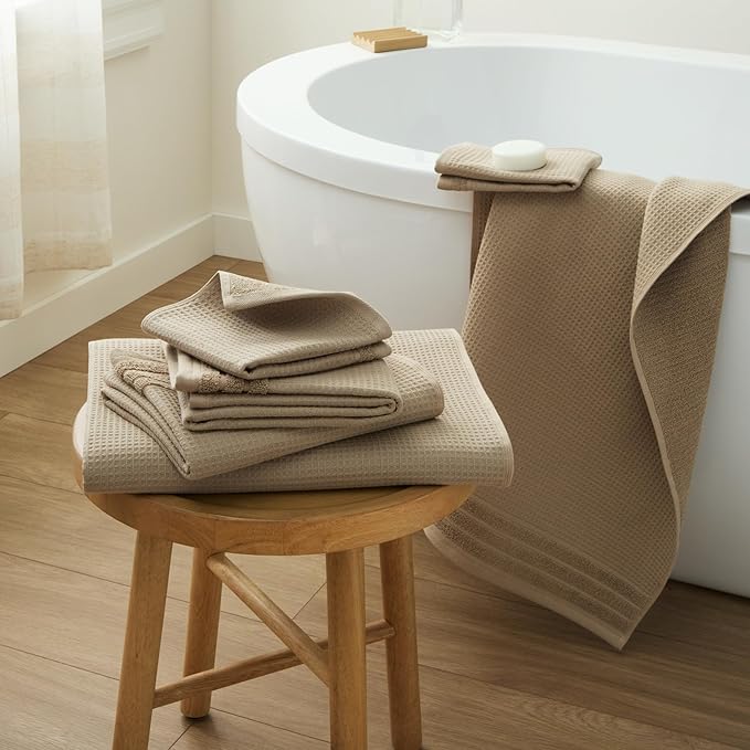 Town & Country Basics 6-Piece Assorted Waffle Woven Terry Stripe Set, 2 Bath Towel, 2 Hand Towel, 2 Washcloth, 100% Cotton, Quick Dry, Taupe