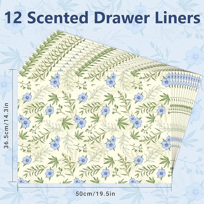SCENTORINI Scented Drawer Liners for Dresser, 12 Sheets Linen Scent Drawer Paper Liners,14.3x19.5 Inch Scented Paper Sheets for Home Shelf Closet Bedroom Drawers