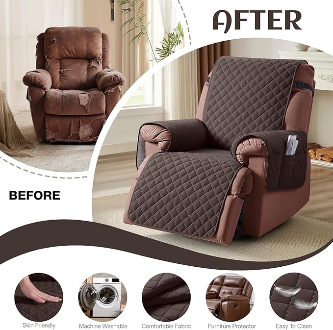 KinCam 100% Waterproof Recliner Chair Cover, Reclining Couch Covers for Pets, Dogs, Recliner Couch Slipcover Furniture Protector with Elastic Straps for Kids(25", Chocolate)