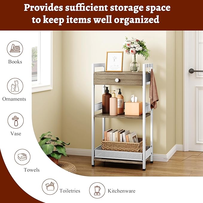 FAVOOSTY 3-Tier Bathroom Ladder Shelf Floor Storage Shelf with Drawer Freestanding Shelving Unit Bookcase End Table for Bathroom Living Room,Balcony-White