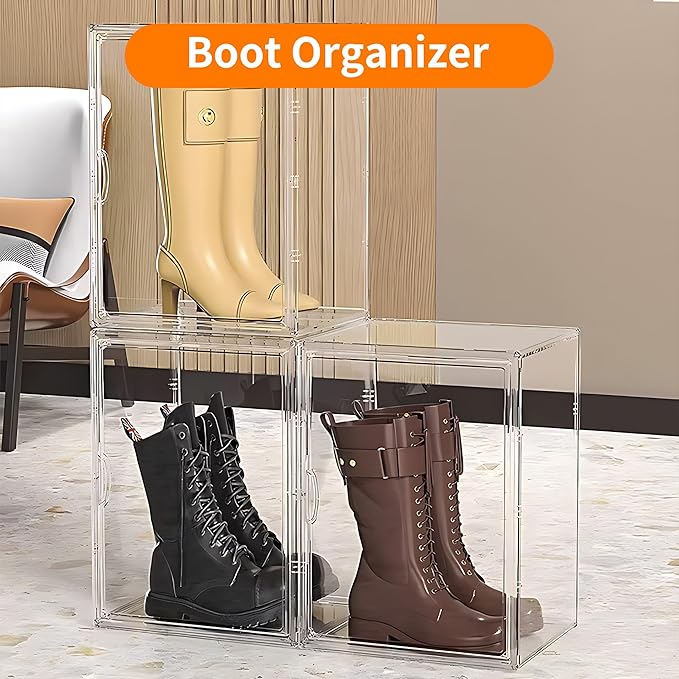 3 Pack Clear Acrylic Sneaker Shoe Display Case,Shoe Storage Boxes Stackable,Acrylic Boxes for Shoes Display with Lid,Boot Storage Organizer for Tall Boot,Purse Handbag Organizer for Closet
