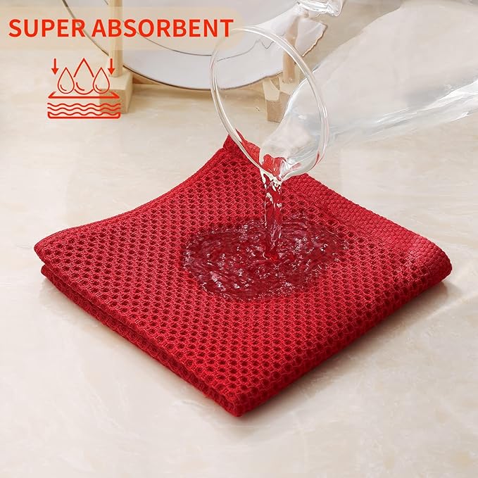 Kitinjoy 100% Cotton Kitchen Dish Cloths (12 X 12 Inches, Red), 12 Pack Waffle Weave Ultra Soft Absorbent Dish Towels for Drying Dishes Quick Drying Kitchen Towels Dish Rags