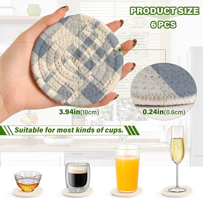 Handmade Cotton Absorbent Coaster Set of 6, Blue Plaid Drink Coasters, Minimalist Home Decor for Coffee Table, Kitchen, Housewarming and Wedding Registry Ideas