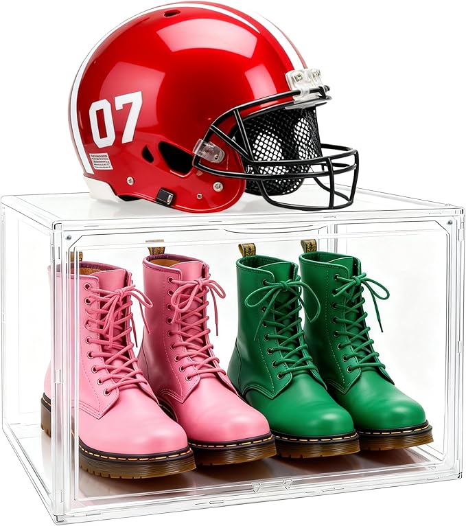 Extra XXX-Large Acrylic Display Case 17.3''x13''x13'' Super Large Figures Collectibles Helmet Showcase Tall Boot Shoe Boxes Clear Stackable Huge Storage Box with Magnetic Lid, 1 Pack with 2 Shoe Bags