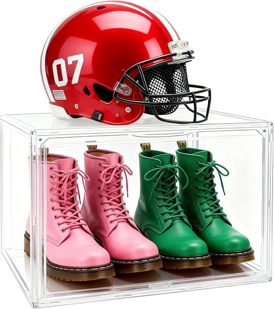 Extra XXX-Large Acrylic Display Case 17.3''x13''x13'' Super Large Figures Collectibles Helmet Showcase Tall Boot Shoe Boxes Clear Stackable Huge Storage Box with Magnetic Lid, 1 Pack with 2 Shoe Bags