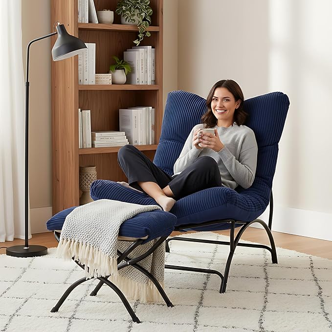 Welnow Modern Accent Chair with Ottoman, Upholstered Comfy Lounge Recliner Sofa, Thick Cushion Oversized Lazy Reading Chair with Footrest for Living Room, Bedroom, Apartment, Office, Dorm, Navy