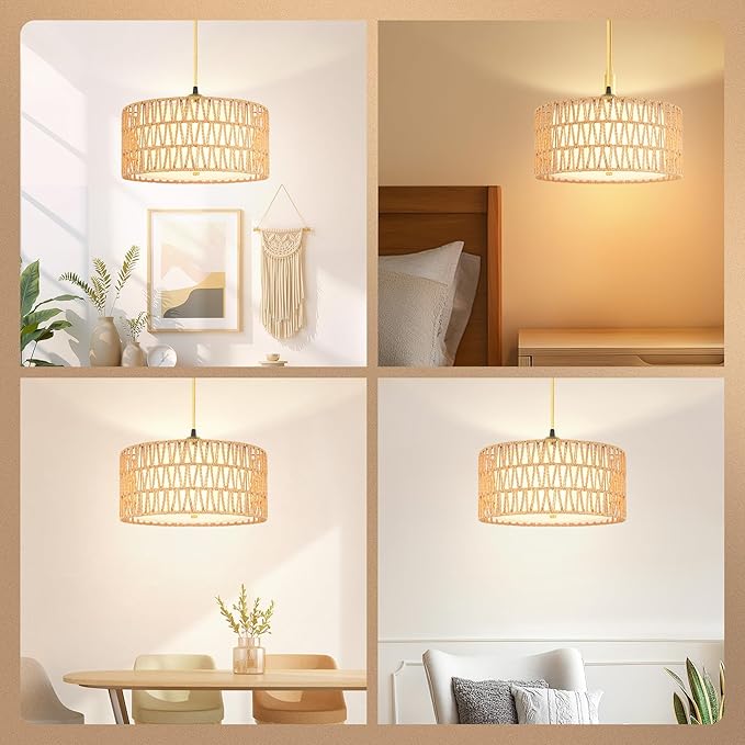 13'' Gold Plug in Pendant Light, Boho Dimmable Hanging Lamp with Rotary Dimmer Switch & 15ft Cord, Rattan & Fabric 2-in-1 Shade, Farmhouse Pendant Lights Kitchen Island Living Room Bedroom, ETL Listed