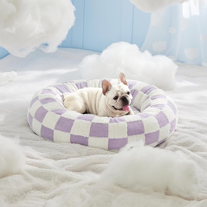 LE SURE Donut Medium Dog Bed - Round Cat Beds for Indoor Cats Calming Pet Beds, Cute Modern Beds with Jacquard Shaggy Plush & Anti Slip Bottom, 30 Inch, Purple
