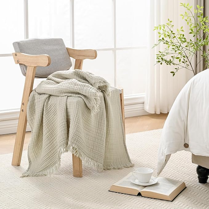 Muslin Blanket 100% Cotton Blanket Throw 50”x65”, Lightweight Breathable Summer Blanket Throw. Supersoft 4-Layer Gauze Throw Blanket for Sofa, Couch, Bed, All-Season Use, Oatmeal