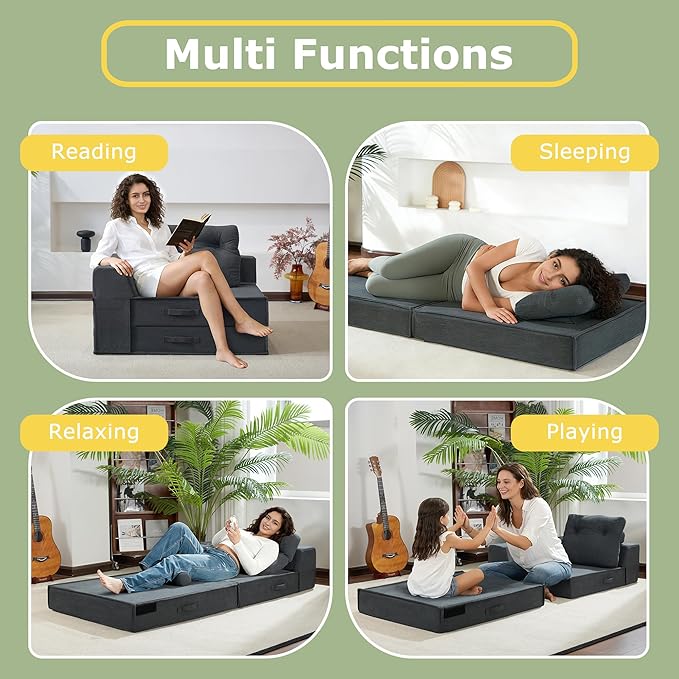 Folding Sofa Bed, 4 in 1 Convertible Sleeper Chair with Pillow, Standard Memory Foam Fold Out Chair Bed, Modern Floor Futon Sofa Couch Mattress for Living Room/Guest/Apartment, Black Grey | Compression sofa bed, L shaped armrest, Sturdy backrest, Large...