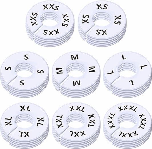 40 Pack Round White Plastic Clothing Size Closet Rack Dividers Hangers, Preprinted in 8 Sizes XXS, XS, S, M, L, XL, XXL, XXXL (Outer 3.5”, Inner Diameter 1.38”)