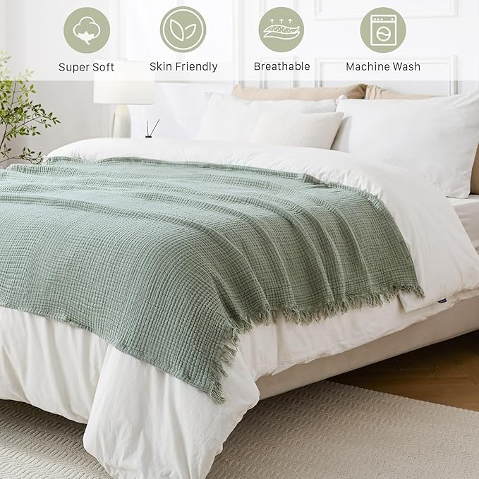 Muslin Blanket 100% Cotton Blanket Throw 50”x65”, Lightweight Breathable Summer Blanket Throw. Supersoft 4-Layer Gauze Throw Blanket for Sofa, Couch, Bed, All-Season Use, Sage Green