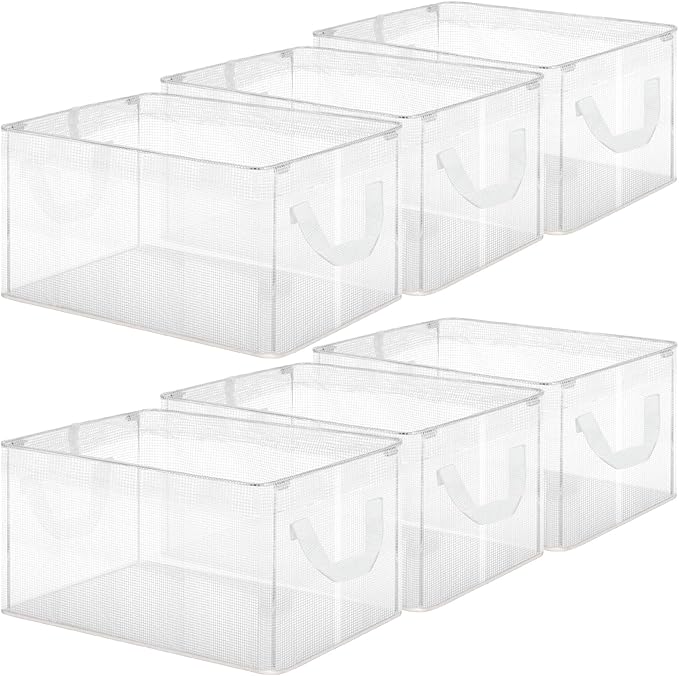 6 Pack Storage Baskets for Shelves, Closet Storage Bins Shelves Decorative Collapsible Baskets with Handles Clear Plastic Closet Organizers for Organizing Shelves Wardrobe Office Clothing Books
