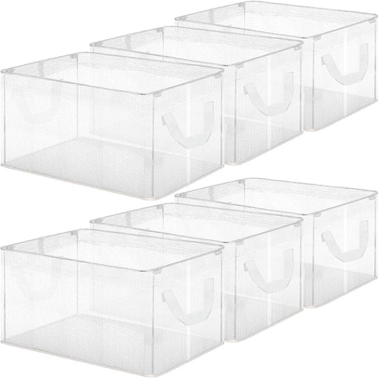 6 Pack Storage Baskets for Shelves, Closet Storage Bins Shelves Decorative Collapsible Baskets with Handles Clear Plastic Closet Organizers for Organizing Shelves Wardrobe Office Clothing Books