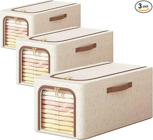 RZJZGZ 3 Pack 49L Clothes Storage Bins with Metal Frame, Foldable Linen Storage Boxes with Lids, Linen Fabric Storage Box with Lid Clear Window（Beige） (Three sizes)