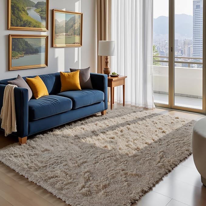 Fluffy Rug Shaggy Area Rug, Beige 5x8 Area Rugs for Bedroom, Small Bedside Rug, Soft Fluffy Shaggy Entryway Throw Rugs for Living Room Bedroom Kids Room Home Decor